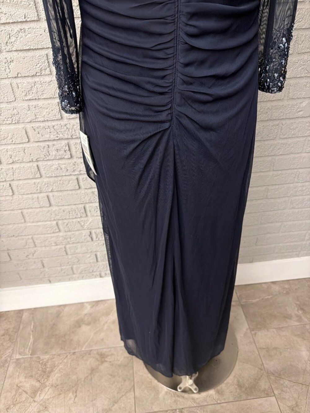 Alex Evening Illusion Beaded Navy Ruched Dress Size 12P - Picture 11 of 12